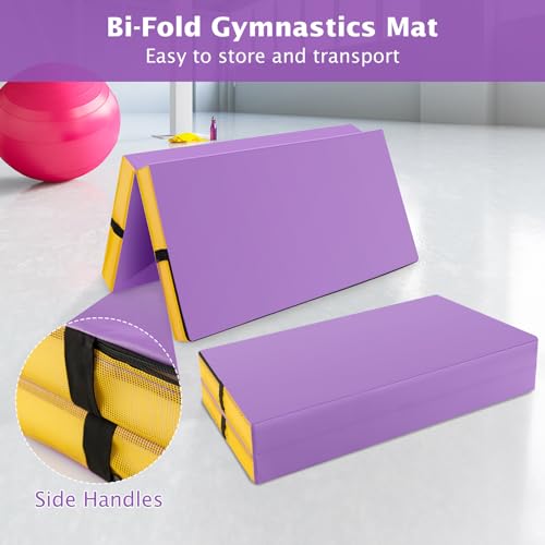 Giantex 4" Thick Folding Gymnastics Mat, 4' x 4' Bio-Folding Exercise Mat with Carry Handles & PU Leather Cover, Gym Home Tumbling Mat for Kids, Yoga, Fitness, Pilates & Martial Arts - color: Purple