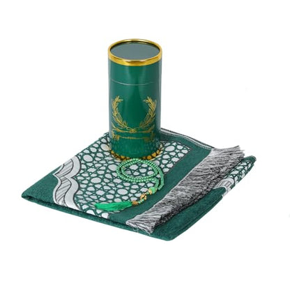 Muslim Prayer Rug and Beads with Elegant Cylinder Gift Box, Thin Woven Chenille Sajjadah for Men Women Kids, Soft Islamic Carpet Mat for Ramadan Eid (Green) - color: Green