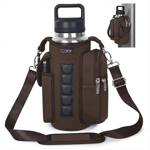 icolor Magnetic Gym Bag Water Bottle Carrier Holder with Phone Pockets & Shoulder Strap,Gym Magnetic Bag 5 Built-in Magnets Gym Accessories Organizer Sling Bottle Bag Pouch Sleeve - color: Brown