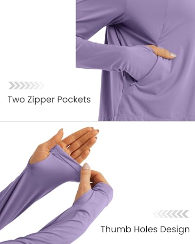 G4Free Skimetic Womens UPF 50+ Sun Hoodie Shirts - Quick Dry Running Jacket Long Sleeve Rash Guard Zip Pocket Hiking Athlete - color: Gray Purple, size: Small
