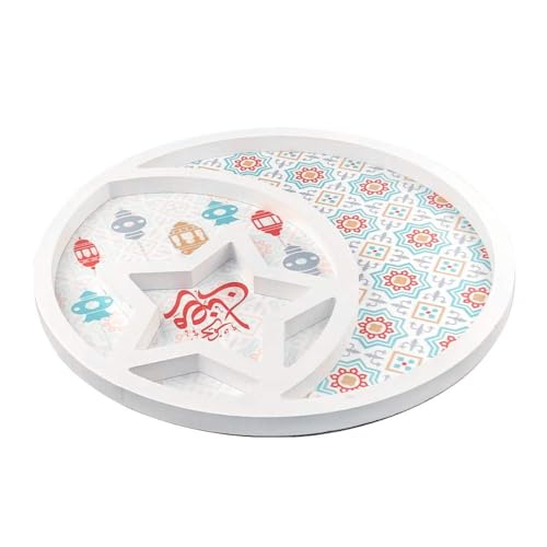 Ramadan Decorative Serving Tray, 11.8 inch Round Dessert Platter, Islamic Festival Moon Star Design, White