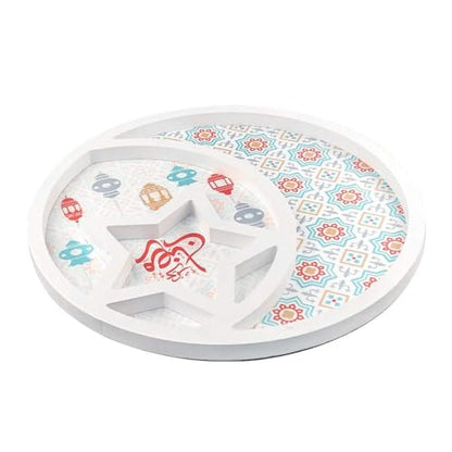 Ramadan Decorative Serving Tray, 11.8 inch Round Dessert Platter, Islamic Festival Moon Star Design, White