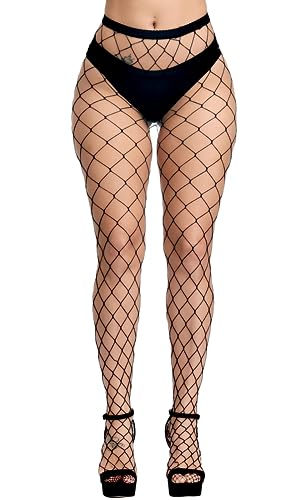 E-Laurels Womens High Waist Patterned Fishnet Tights Suspenders Pantyhose Thigh High Stockings Black - color: Black XL Hole