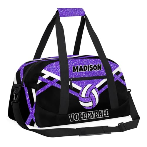 Custom Name Overnight Duffel Bags Volleyball Bag, Purple Black Glitters Personalized Sports Gym Bag Travel Weekender Bags - color: Purple Black