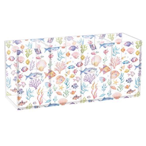 Aquarium Fish Cute Acrylic Pen Holder 4 Compartments Pencil Organizer and Storage Makeup Brush Holder for Home Bedroom School Office Storage