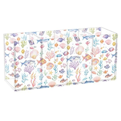 Aquarium Fish Cute Acrylic Pen Holder 4 Compartments Pencil Organizer and Storage Makeup Brush Holder for Home Bedroom School Office Storage