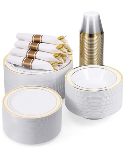 BESTVIP 400PCS Gold Plastic Dinnerware Set, Disposable Party Supplies for 50 Guests - Include 100 Plates, 50 Leak-Proof Soup Bowls, 50 Pre Rolled Napkins with Gold Silverware, 50 Cups - color: White & Gold, size: 50 Guests