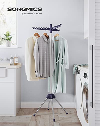 SONGMICS 의류 건조대, 149.9cm(59인치) 접이식 세탁 건조대, 행거용 회전 가능한 팔 3개, 다리 4개, 스테인리스 스틸, 옷 27피스용, 블루 및 실버 ULLR510Q01 - color: 블루 + 실버, style: 1단