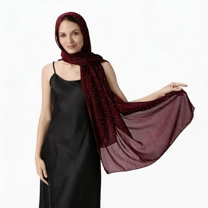 OurLore Chiffon Shawls Wraps for Women Sheer Glitter Scarf Sparkly Rhinestones Shoulder Sarong Cover Up Hijab for Wedding - color: Dark Red