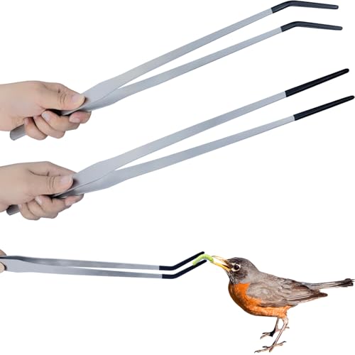 2Pcs Reptile Feeding Tong with Rubber Tip Aquarium Tweezers Stainless Steel Straight Curved Feeding Tong Long Handle Terrarium Feeder Tool for Tank Lizards Bearded Dragon Spider Snake (Silver, 15Inch) - size: 15Inch