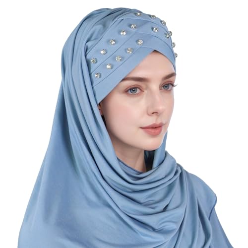 Muslim Head Scarf for Women Crystal Linen Rhinestone Cross Strap Turban Wrap Cap Elegant Breathable Sparkly Hijab - color: 09#_sky Blue