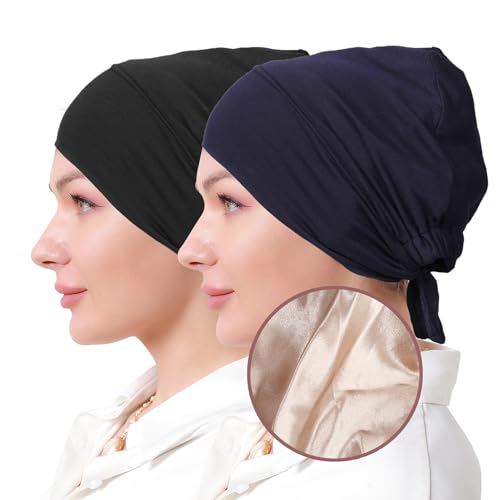 Women Under Hijab Cap Islamic Underscarf Turbans for Women Solid Color Hijab Bonnet Caps Muslim Scarf Inner Cap - color: Black+navy