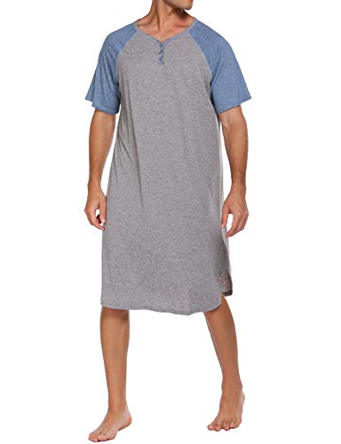 Ekouaer Sleepwear Men's Nightshirt Short Sleeve Pajamas Comfy Big & Tall Henley Sleep Shirt M-XXXL - color: Grey With Light Blue, size: XX-Large