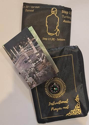 Goodword Praying Rug Travel Prayer Mat Compass Pocket Sized Carry Islamic Prayer Rug Muslim Prayer Mat Janamaz Sajadah Muslim How to Pray Salat Instructional Portable (Black - Gold Print) - color: Black - Gold Print