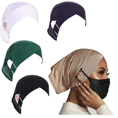 4 Pieces Muslim Under Scarf with Ear Hole Stretch Jersey Inner Hijabs Tube Caps for Islamic Women Turban Bonnet… - color: Green+black+white+navy