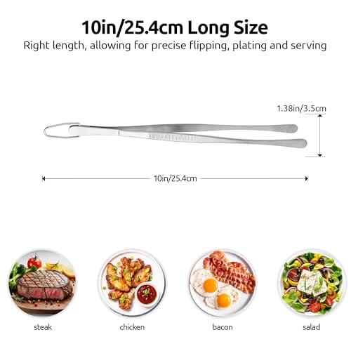 U-Taste 10in Kitchen Cooking Tweezer: 18/8 Stainless Steel Food-Grade Metal Food Tong, Seamless-Welding, Sturdy, Flexible and Non-Slip for Pasta Salad Serving, Grilling, Frying, Baking (Round Tip) - size: 10in (round tip)