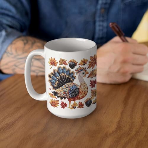 Personalized Autumn Turkey Coffee Mug, Customized Name White Ceramic Cup, Festive Fall Leaves Mug, Sparkling Turkey Full Wrap Cup 11oz 15oz, Custom Unique Thanksgiving White Cup - color: XUA-1124-3653-Thanksgiving Mug