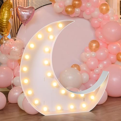 Maxcheck 4FT Moon Marquee Sign Decor Large Light up Moon Lights with Bulb Light String Foam Marquee for Valentine's Eid Birthday Engagement Baby Shower Party Decorations - style: Moon