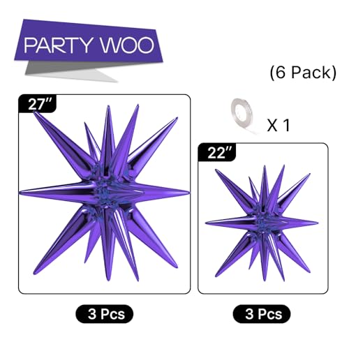 PartyWoo Purple Star Spike Balloons 6pcs Explosion Foil Mylar Balloons - color: Purple, size: 6 PCS - 27&22 Inch