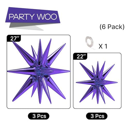 PartyWoo Purple Star Spike Balloons 6pcs Explosion Foil Mylar Balloons - color: Purple, size: 6 PCS - 27&22 Inch