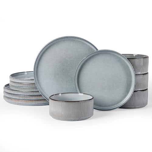 Famiware Star Stoneware Dinnerware Set, Reactive Glaze Plates & Bowls for 4 - color: Smoky Blue