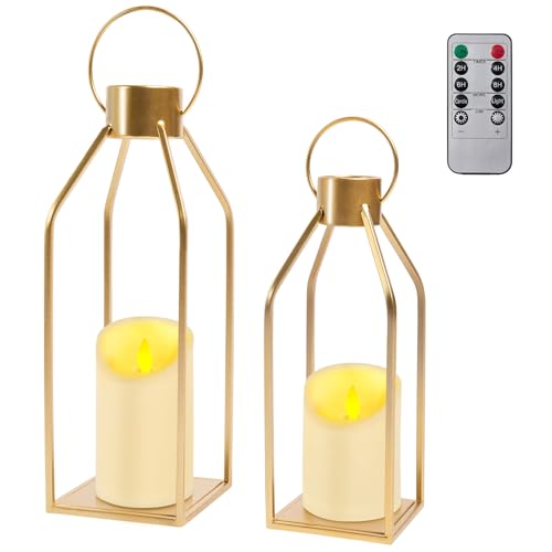 HPC Decor Modern Farmhouse Lantern Decor - 2PCS Gold Metal Candle Lanterns with Waterproof Flickering Candle & Remote Timer, Lanterns Decorative for Living Room, Home, Indoor, Outdoor, Table Decor.