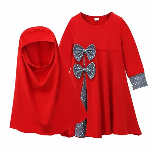 Abaya for Toddler Baby Girls Muslim Prayer Clothes with Hijab Kids Maxi Dress Middle East Dubai Islamic Clothing - color: Red, size: 12-18 Months