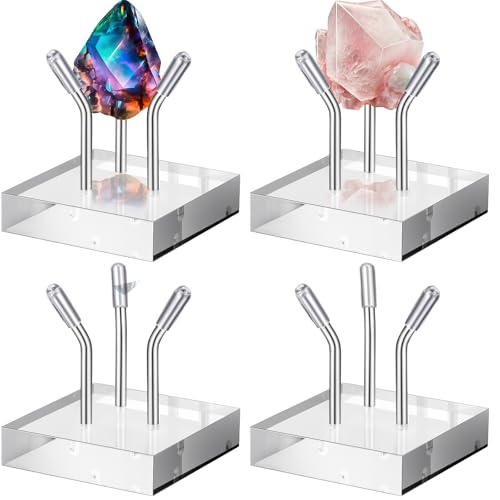 Weysat 4 Pack Clear Acrylic Display Stand, Metal 3 Peg Rock Display Easel Stands for Fossil Coral Crystal Geodes Rock Mineral Agate Small Collectibles Acrylic Holder(2”x2”x2”,Silver) - color: Silver, size: 2”x2”x2”