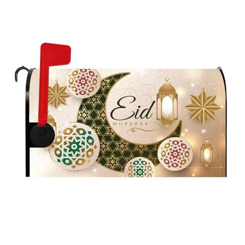 Eid Mubarak Magnetic Mailbox Cover Abstract Decorative Ramadan Lantern Star Eid Al-Adha Muslim Arabian Post Letter Box Wrap Decor for Farmhouse Garden Yard Outdoor Decoration 21x18 Inch - color: Red Green and Gold