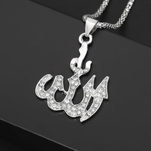 Allah Necklace for Men, Silver Muslim Pendant 22 inch Chain Gift - color: silver plated
