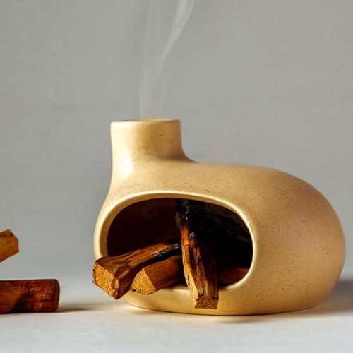 MOUGIGI Palo Santo Holder - Ceramic Incense Burner for Palo Santo Sticks, Cone, and Spiritual Sage - Modern Chiminea for Meditation - Handcrafted Smudge Bowl and Meditation Gift - color: Glazed Ceramics - Beige