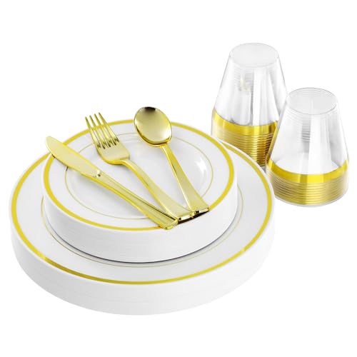 Elama 150 Piece Disposable Plastic Dinnerware Party Set for 25 Guests in White with Gold Trim - color: Gold
