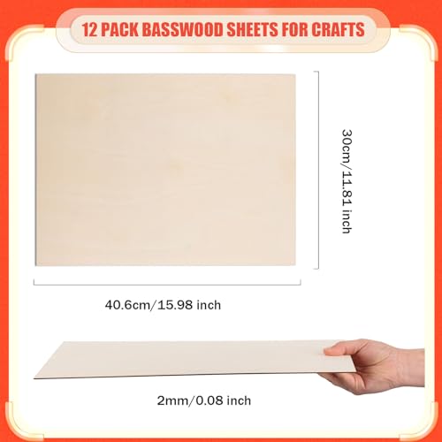 AWIZOM 12 Pack Basswood Sheets for Crafts 12 x 16 x 1/16 Inch-2 mm Thick Plywood Sheets Unfinished Wood Sheet Boards for DIY Craft Projects, Architecture Models, Engraving, Wood Burning, Staining - size: 12 x 16 inch