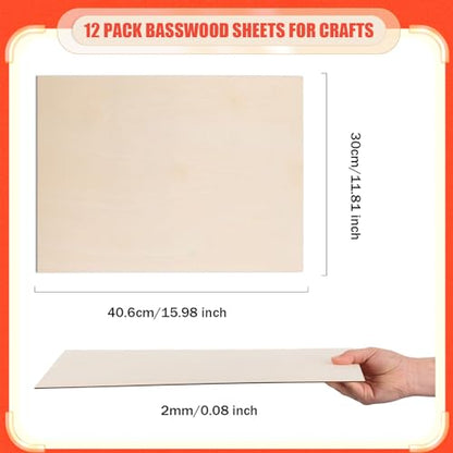 AWIZOM 12 Pack Basswood Sheets for Crafts 12 x 16 x 1/16 Inch-2 mm Thick Plywood Sheets Unfinished Wood Sheet Boards for DIY Craft Projects, Architecture Models, Engraving, Wood Burning, Staining - size: 12 x 16 inch