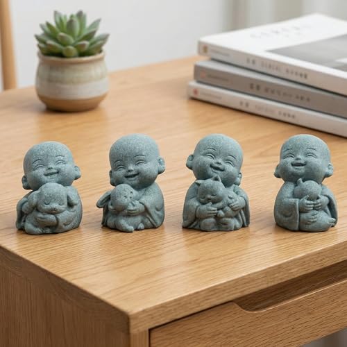 4pcs Mini Buddha Statue with Animal Companion, Aquarium Decor, Feng Shui Zen Monk Sandstone Sculpture, Cute Small Fish Tank Ornament for Home Garden, Buddha Decoration