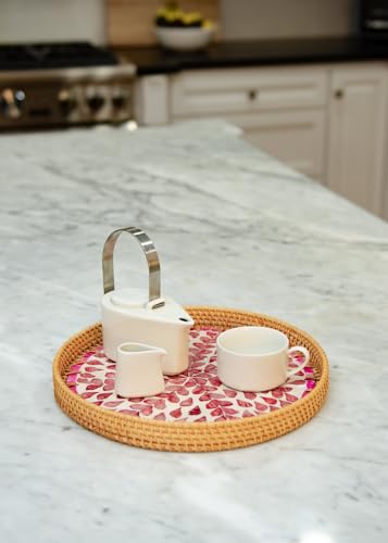 Magenta & Teal Round Rattan Serving Tray with Mother of Pearl Inlay, Wicker Coffee Table Decor, Farmhouse Style (Pink Flower) - color: Pink Flower
