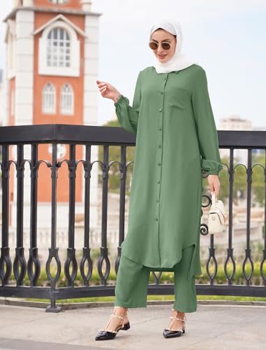 Muslim Clothes for Women 2 Piece Set Long Sleeve Button Down Shirt and Pants Ramadan Abaya Dress Islamic Dubai Outfits - color: Green, size: Small