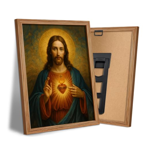 AUUAUU Sacred Heart of Jesus Wall Art Christian Canvas Painting 8x10 Inches - color: Wooden Framed Sacred Heart of Jesus, size: 10"L x 8"W