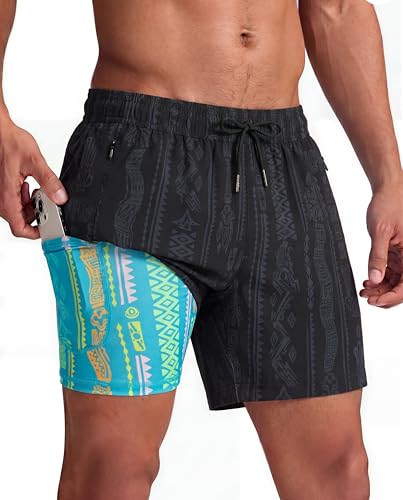 maamgic Mens Swim Trunks with Compression Liner 5 Inch, Quick Dry Bathing Suit with Zipper Pockets, No-Chafing Swim Shorts - color: Black-legendary Dragon, size: Small