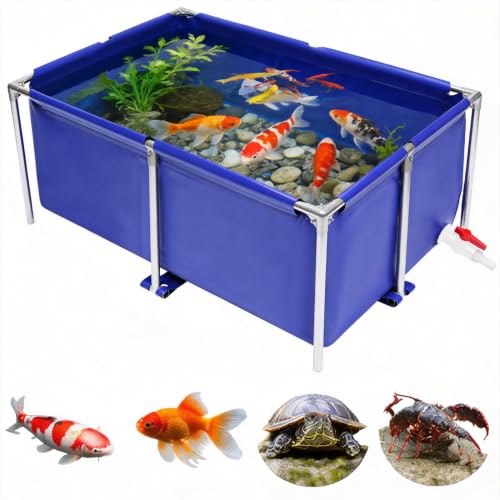 Canvas Fish Pond 127 Gal, Blue Above Ground Foldable Koi Tank, Water Tank | Steel Frame | Drain Valve | Collapsible Design | UV & Freeze Resistant | For Fish, Koi, Turtle, Aquaculture, Irrigation