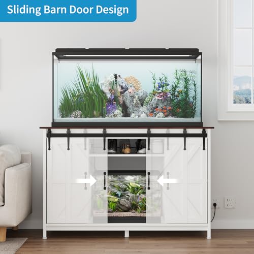 VOWNER Farmhouse 55-75 Gallon Fish Tank Stand with Power Outlet, Grey | Aquarium Stand with Storage Cabinet and Sliding Barn Door, Heavy Duty Reptile Tank Stand, for 2 Tanks, 1000LBS Capacity - color: White + Walnut