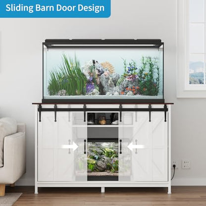 VOWNER Farmhouse 55-75 Gallon Fish Tank Stand with Power Outlet, Grey | Aquarium Stand with Storage Cabinet and Sliding Barn Door, Heavy Duty Reptile Tank Stand, for 2 Tanks, 1000LBS Capacity - color: White + Walnut