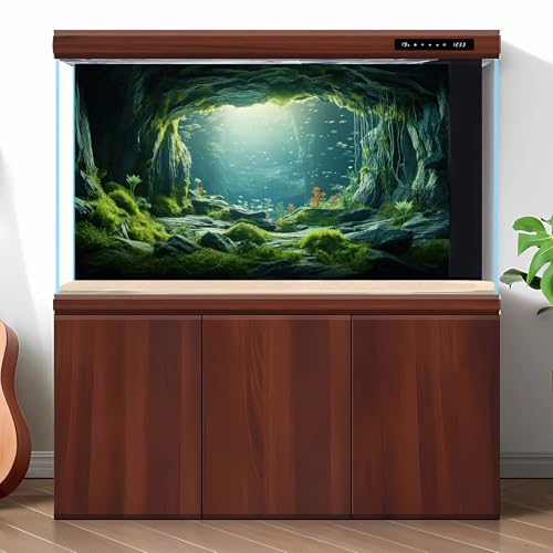 Underwater Aquarium Background Undersea Cave Large Rocks Fish Tank Background Aquatic Plant Lush Green Moss Terrarium Backgrounds Ocean Seabed Caves Landscape Reptile Tank Backgrounds 30x18in - size: 30(W)x18(H)inches/ 75(W)*45cm(H)