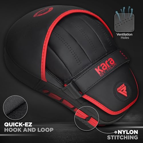 RDX Boxing Pads Curved Focus Mitts, Maya Hide Leather Kara Hook and jab Training Pads, Adjustable Strap Ventilated, MMA Muay Thai Kickboxing Coaching Martial Arts Punching Hand Target Strike Shield - color: Red
