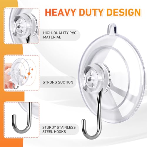 Suction Cup Hooks 12Pack - Max Load 10LB, 1.77Inch Clear Medium Suction Cups, No Trace, Reusable & Removable, Stainless Steel Hooks, for Tile, Glass, Window, Shower, Kitchen, Bathroom - size: 12pc-Medium Size