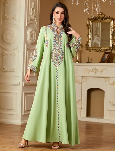 ABEWIP Muslim Dresses for Women Ramadan Kimono Long Sleeve Embroidered Islamic Prayer Dress Turkey Dubai Eid Abaya Kaftan - color: Green, size: Large