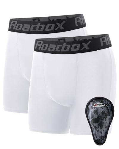 Roadbox Youth Boys Compression Shorts, Kids Baseball Cup Underwear Football Boxer Briefs with Soft Protective Athletic Cup - color: 2 Pack: White+white(1 Cup), size: X-Large