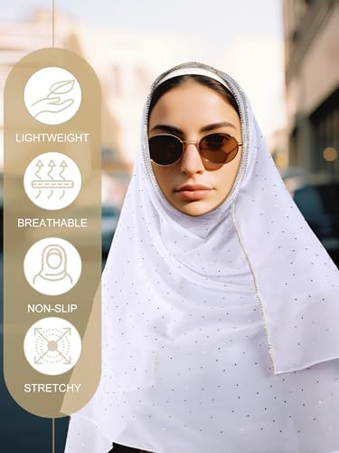 Geyoga Hijab Scarf for Women Soft Chiffon Rhinestone Long Scarf Shawl Fashion Muslim Hijab Head Wrap Scarves - color: White