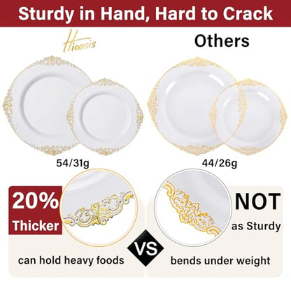 Hioasis 175pcs White and Gold Plates - White Party Plates for 25 Guest, Include 50 Heavy-duty Plates(20% Thicker Than Standard), 25 Cutlery Set, 25 Napkin, 25 Cups for Party & Wedding & Graduation - color: White and Gold