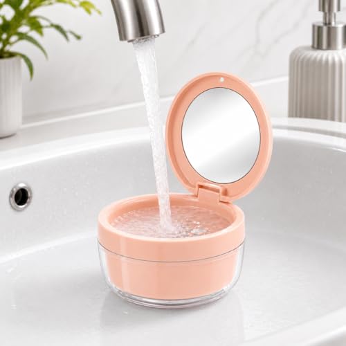 Retainer Soaking Case with Drain Basket, Leak-Proof Denture Bath Box with Magnetic Lid, Portable Cleaning Container for Aligners, Mouth Guard & Night Guard (Pink) - color: Pink